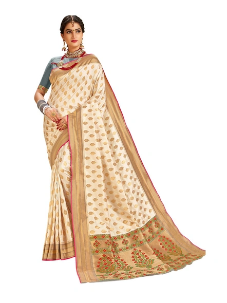 White Banarasi Silk Saree With Contrast Blouse-E894