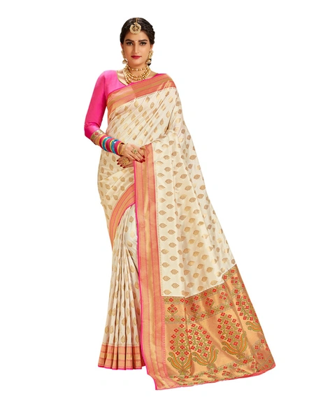White Banarasi Silk Saree With Contrast Blouse-E896