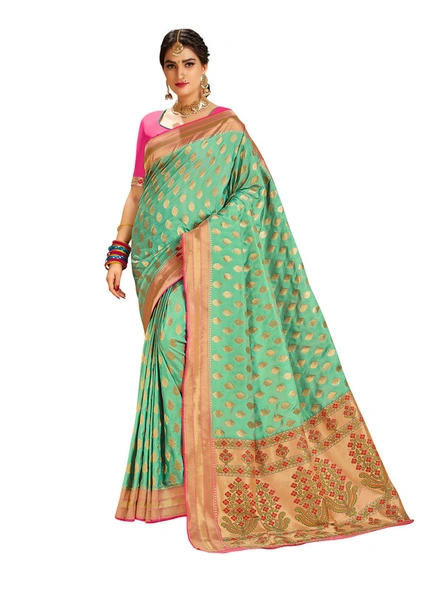 Rama Banarasi Silk Saree With Contrast Blouse-E897