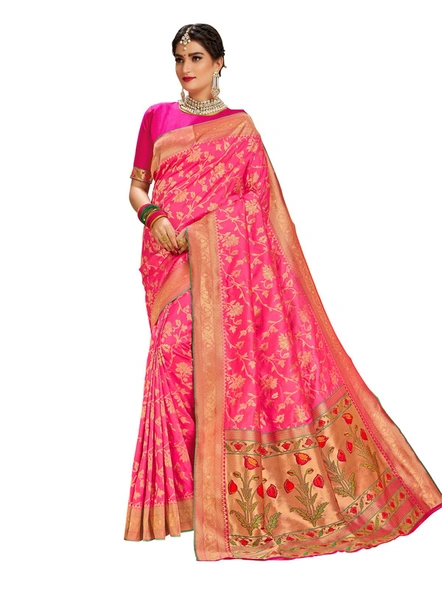 Rani Banarasi Silk Saree With Contrast Blouse-E901