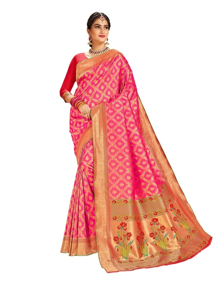 Rani Banarasi Silk Saree With Contrast Blouse-E902