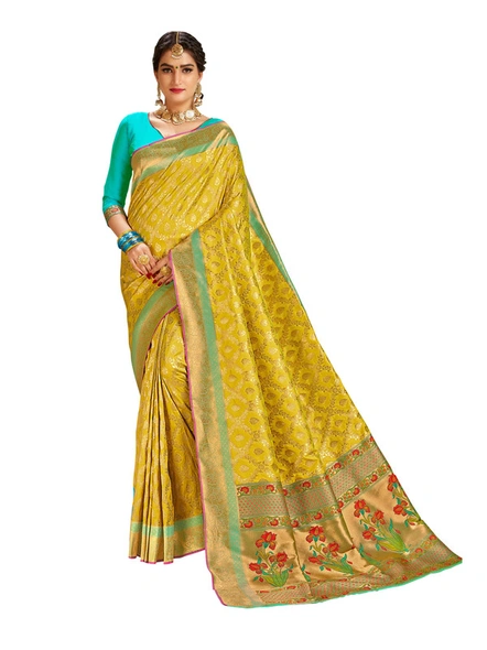 Teal Green Banarasi Silk Saree With Contrast Blouse-E903
