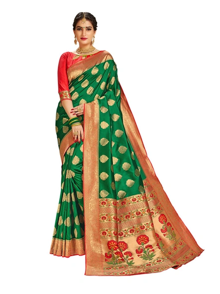 Green Banarasi Silk Saree With Contrast Blouse-E906