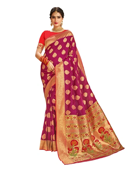 Magenta Banarasi Silk Saree With Contrast Blouse-E909