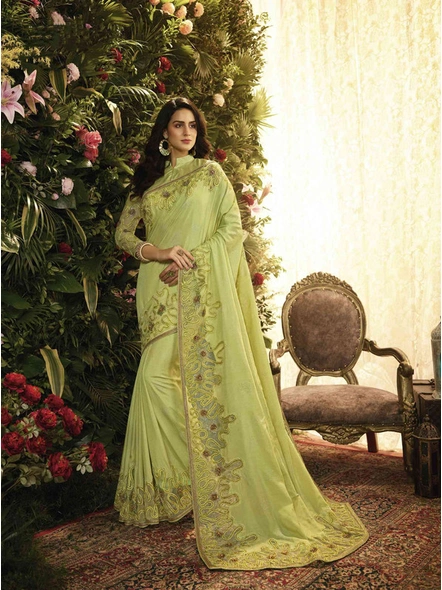 Soft Silk Embroidery Saree In Lime Green-E952