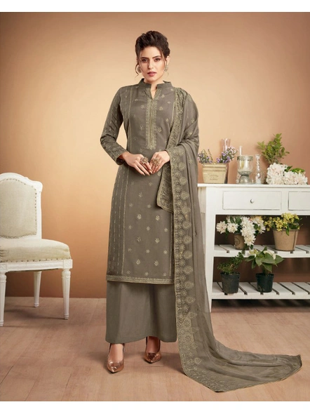 Heavy Muslin Embroidered Suit In Grey-E954