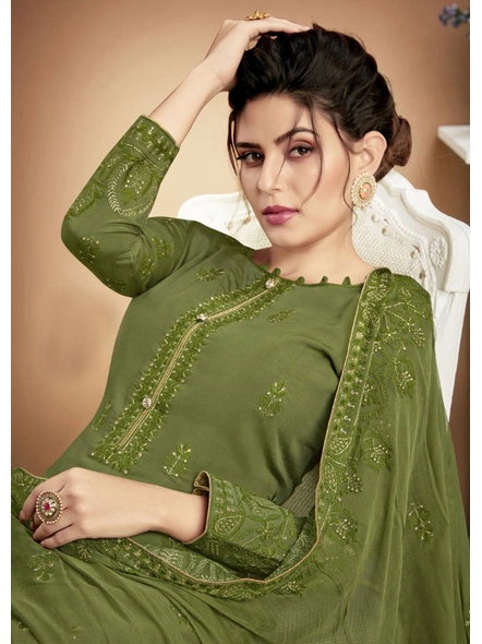 Heavy Muslin Embroidered Suit In Mehendi Green-E955