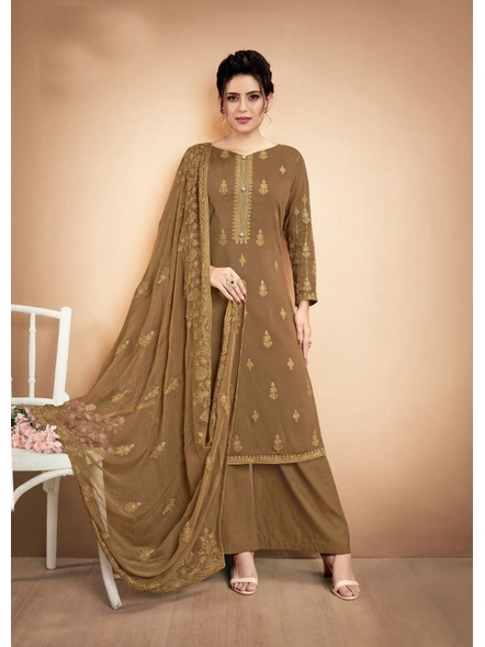 Heavy Muslin Embroidered Suit In Brown-E957