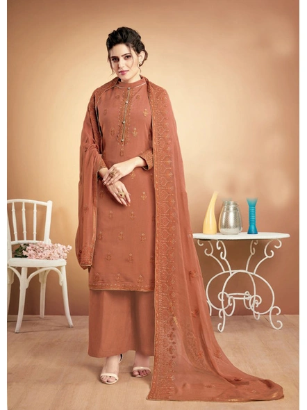 Heavy Muslin Embroidered Suit In Brown-E959