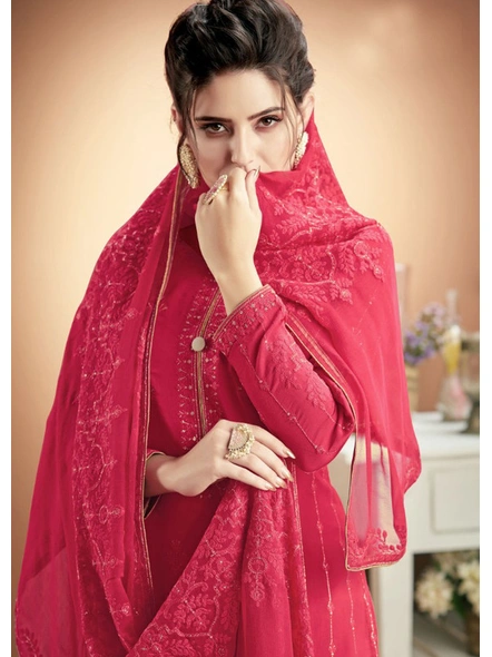 Heavy Muslin Embroidered Suit In Red-E960