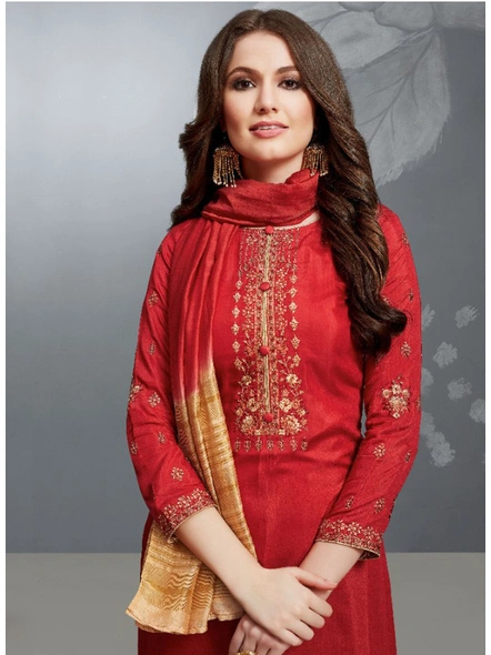 Cotton Silk Embroidered Suit In Red-E961