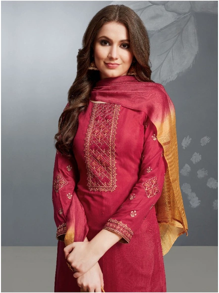 Cotton Silk Embroidered Suit In Maroon-E962