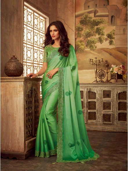 Silk Embroidered Saree In Green-E964