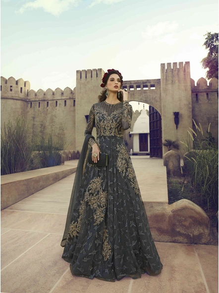 Net Embroidered Gown in Grey-E968