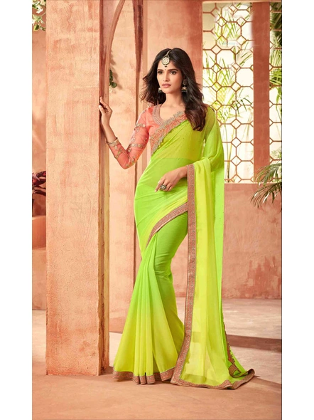 Georgette Saree In Shaded Green With Contrast Blouse-E970