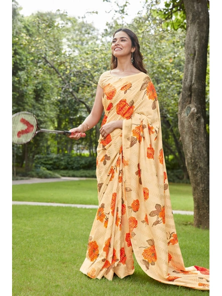 Linen Silk Printed Saree In Cream-E974