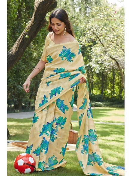 Linen Silk Printed Saree In Lemon-E978