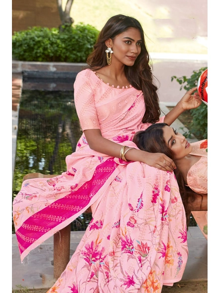 Linen Silk Printed Saree In Pink Color-E979