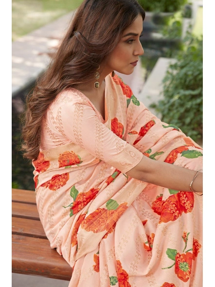 Linen Silk Printed Saree In Peach Color-E980