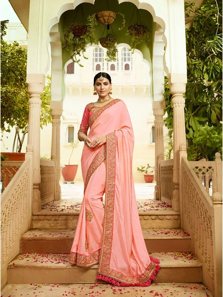 Silk Embroidered Saree In Pink-E998