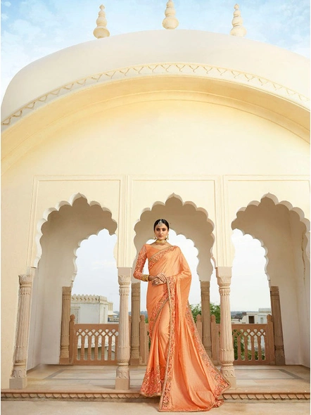 Satin Silk Embroidered Saree In Orange-E999
