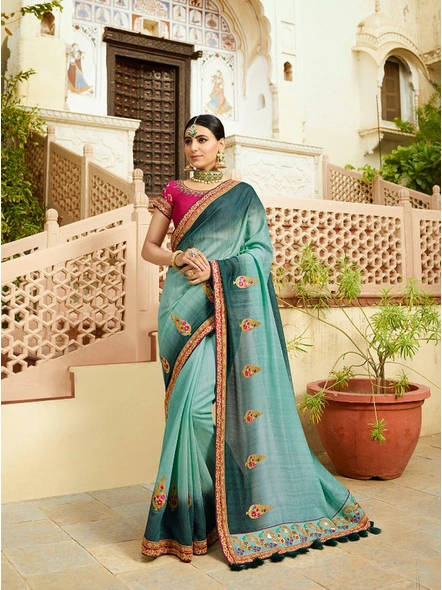 Silk Embroidered Shaded Saree In Blue With Contrast Blouse-E1003