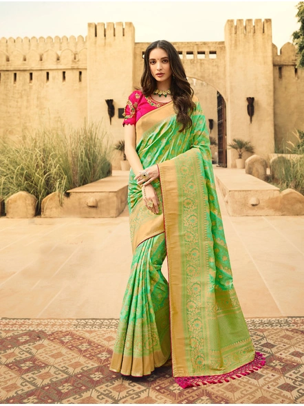 Soft Silk Jaquard Saree In Green With Contrast Blouse-E1010