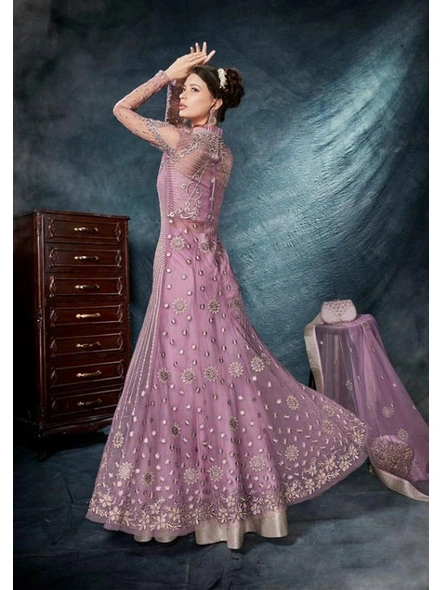 Net Embroidered Suit In Lavender-E1014