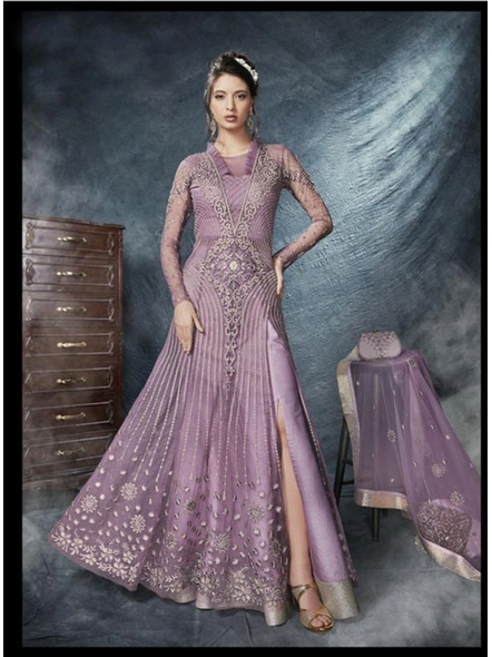 Net Embroidered Suit In Lavender-1