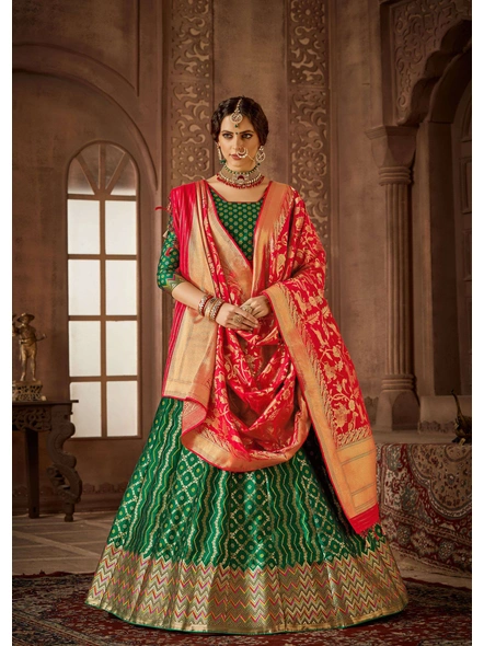 Banarasi Woven Silk Lehanga Set In Green-1