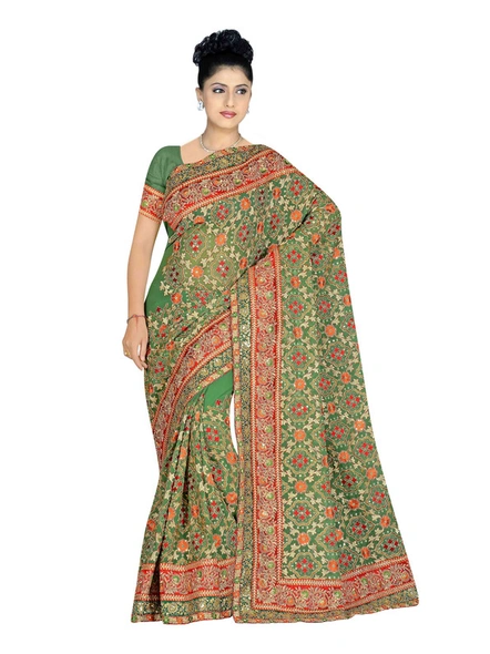 Pure Silk Georgette Embroidered Saree In Green-1062