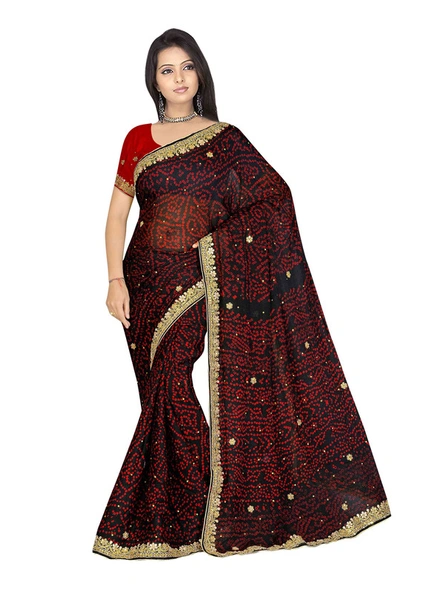 Pure Silk Georgette Embroidered Bandani Saree In Black-1064