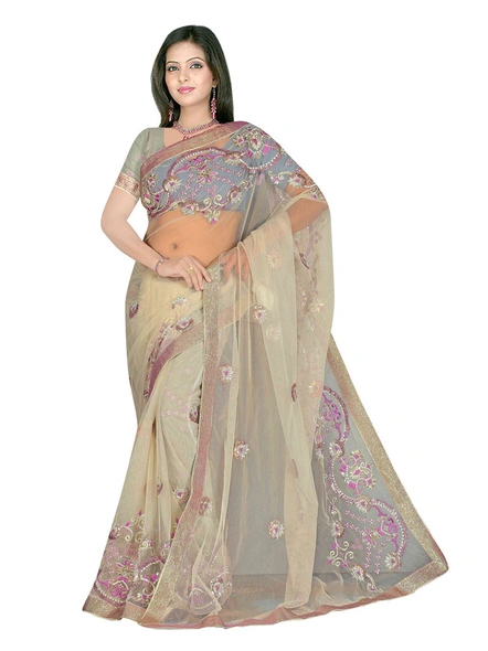 Net Embroidered Saree In Off White-1066