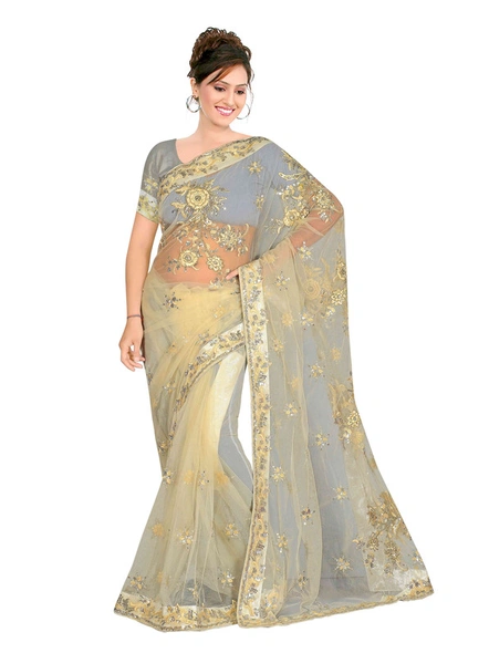 Net Hand Embroidered Saree In Off White-1067