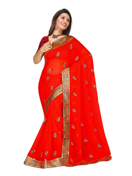 Georgette Embroidered Saree In Red-1074