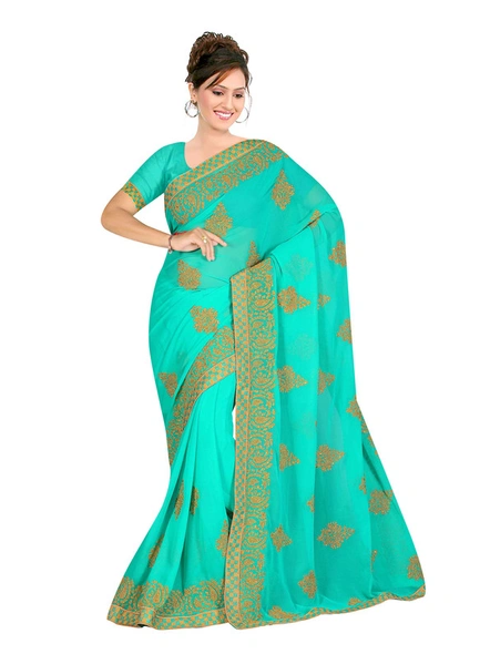 Georgette Embroidered Saree In Rama Green-1077