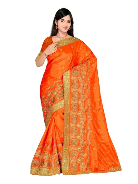 Silk Embroidered Saree In Orange-1082
