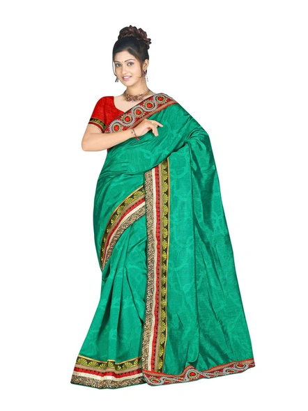 Jaquard Raw Silk Embroidered Saree In Green-1083