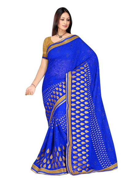 Georgette Embroidered Saree In Blue-1092