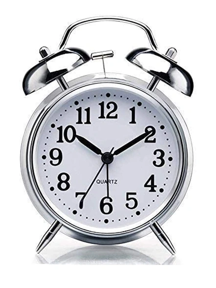 Vintage Look Twin Bell Table Alarm for Heavy Sleepers Wind-Up Clock with Night Led Light (Silver - Pack of 1) G139-G139