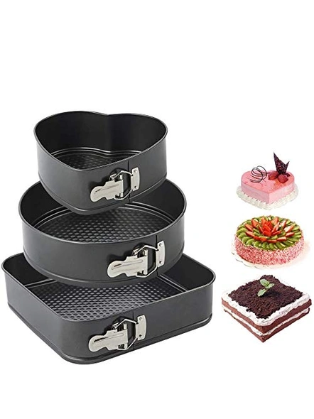 Set of 3 Perfect Non-Stick Lift-and-Serve Quick Release Spring Form Baking Pan Cake Tin Moulds Heart, Round and Square Shape Cake Modules (Multicolor) G141-G141