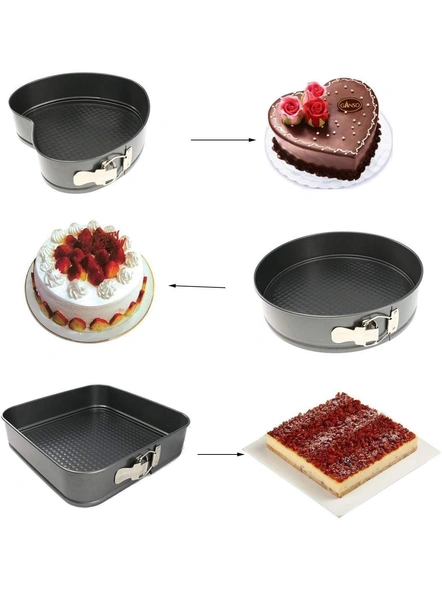 Set of 3 Perfect Non-Stick Lift-and-Serve Quick Release Spring Form Baking Pan Cake Tin Moulds Heart, Round and Square Shape Cake Modules (Multicolor) G141-2
