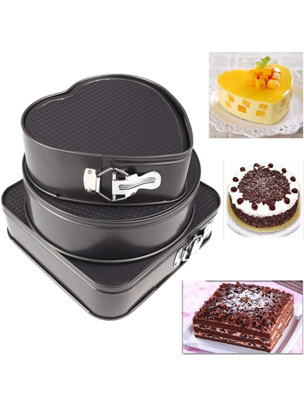 Set of 3 Perfect Non-Stick Lift-and-Serve Quick Release Spring Form Baking Pan Cake Tin Moulds Heart, Round and Square Shape Cake Modules (Multicolor) G141-4