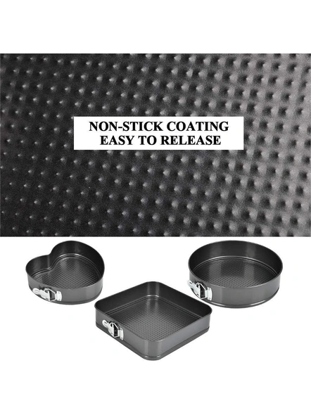 Set of 3 Perfect Non-Stick Lift-and-Serve Quick Release Spring Form Baking Pan Cake Tin Moulds Heart, Round and Square Shape Cake Modules (Multicolor) G141-5