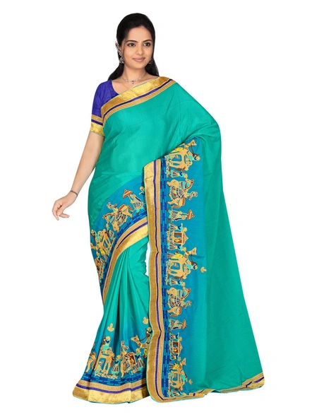 Georgette Embroidered Shaded Saree In Green With Contrast Blouse-981