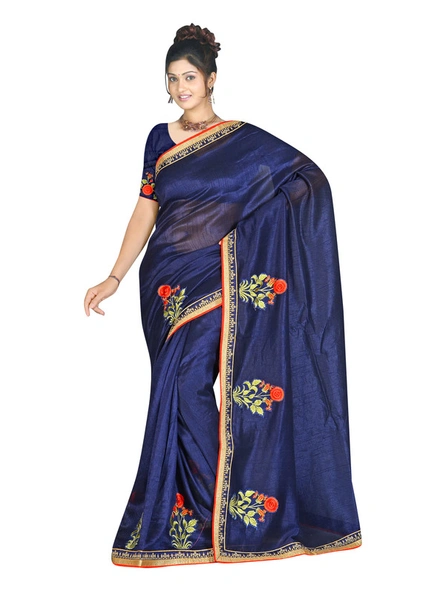 Raw Silk Embroidered Saree In Blue-982