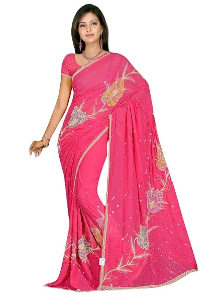 Pink Rani Pure Georgette Hand Embroidery Sarees-1