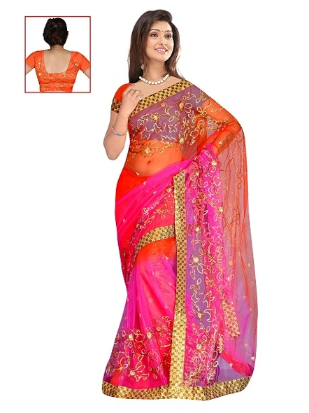 Net Shaded Embroidered Sarees in Rani To Orange-1