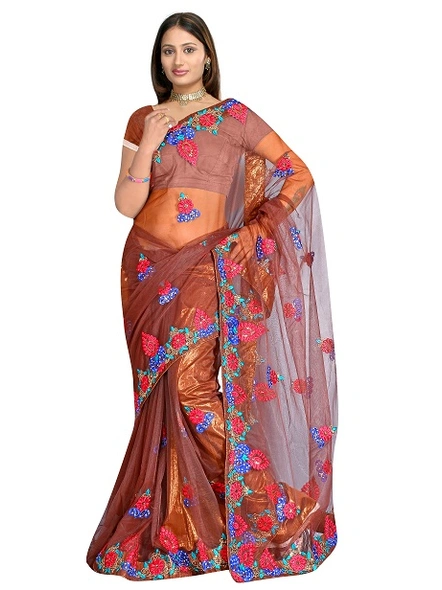 Net Embroidered Saree In Brown-249