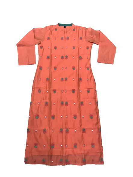 Readymade Embroidered Chanderi Kurti In Orange-XXL-2